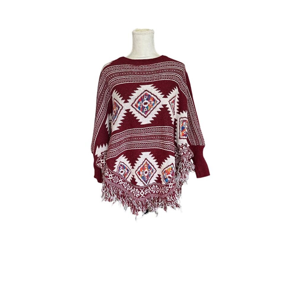 Boho Fringe Hem Poncho Sweater Tribal Aztec Geometric Print Maroon & White Sz S